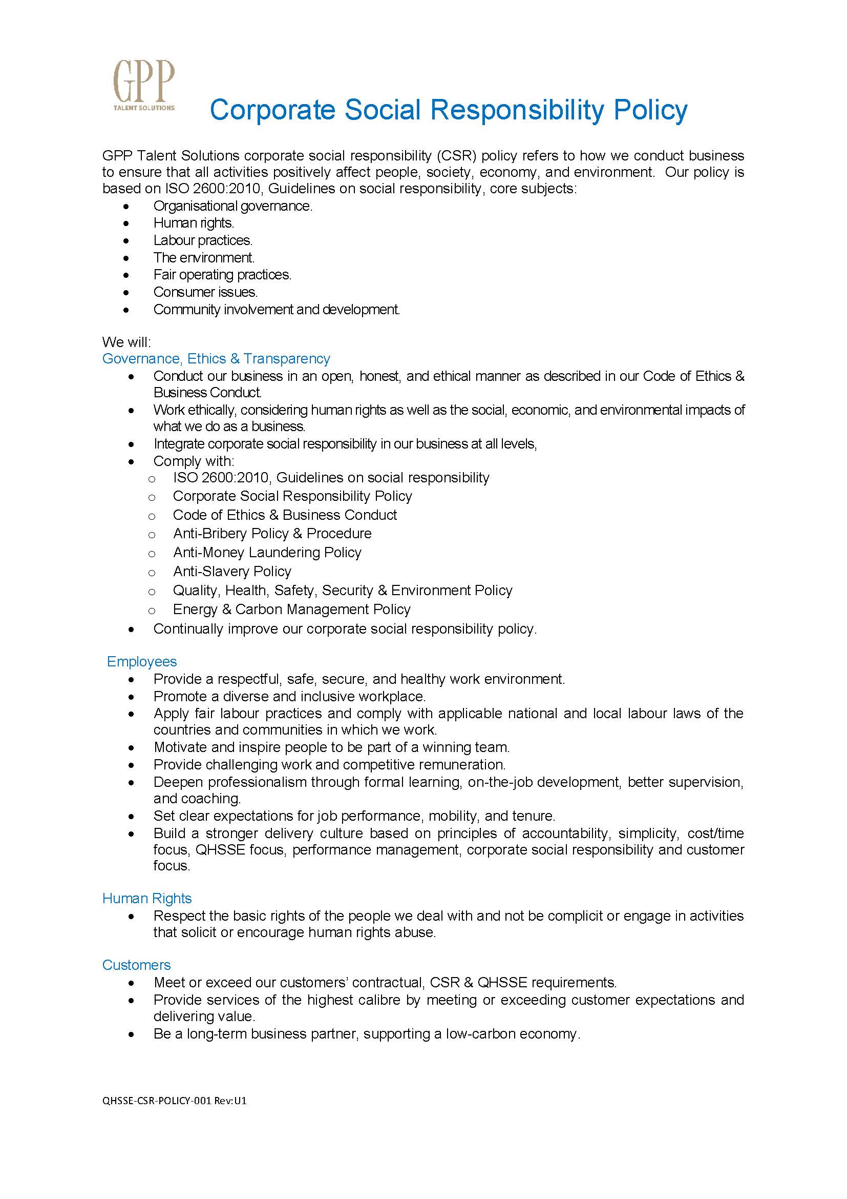 Corporate Social Responsibility Policy GPP Talent Solutions
